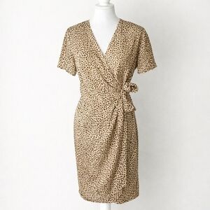 Vintage 90s Tess Atelier 100% Silk Leopard Wrap Dress Petite 8P Bias Cut Midi
